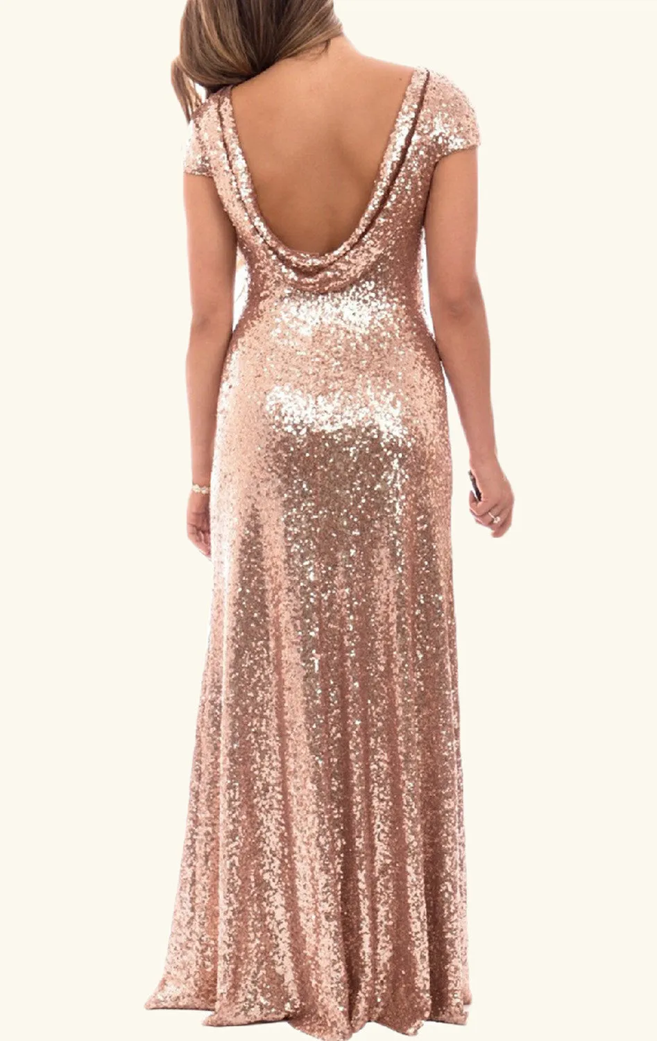 MACloth Cap Sleeves Long Sequin Evening Gown Dark Navy Bridesmaid Dress