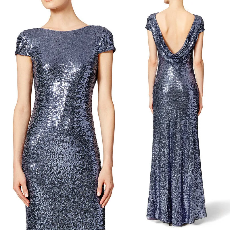 MACloth Cap Sleeves Long Sequin Evening Gown Dark Navy Bridesmaid Dress