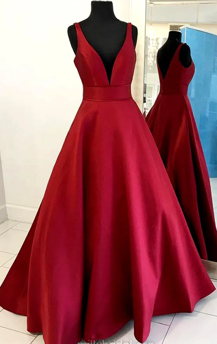 MACloth Deep V Neck Long Prom Dress Burgundy Formal Evening Gown