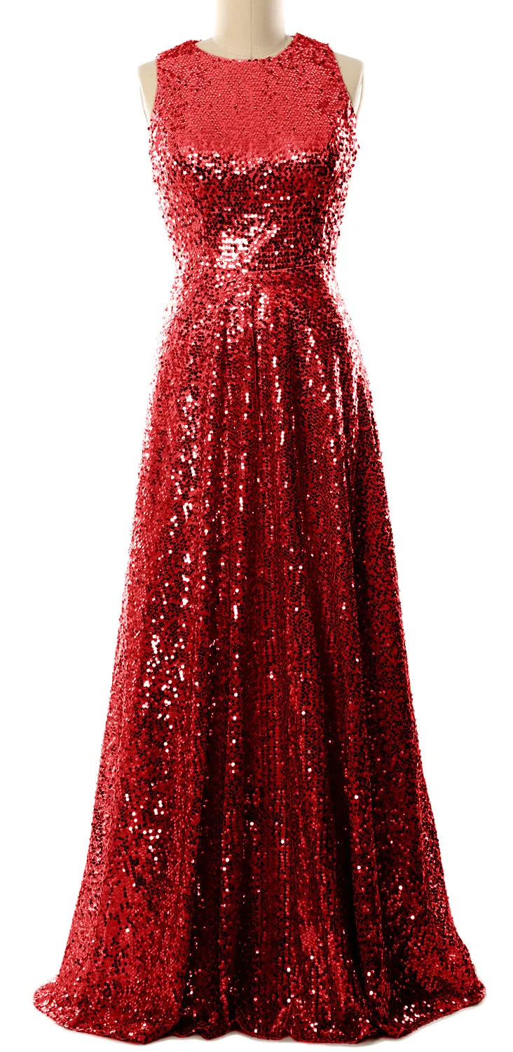 MACloth Elegant Sequin Long Bridesmaid Dress Simple Prom Gown Evening Gown