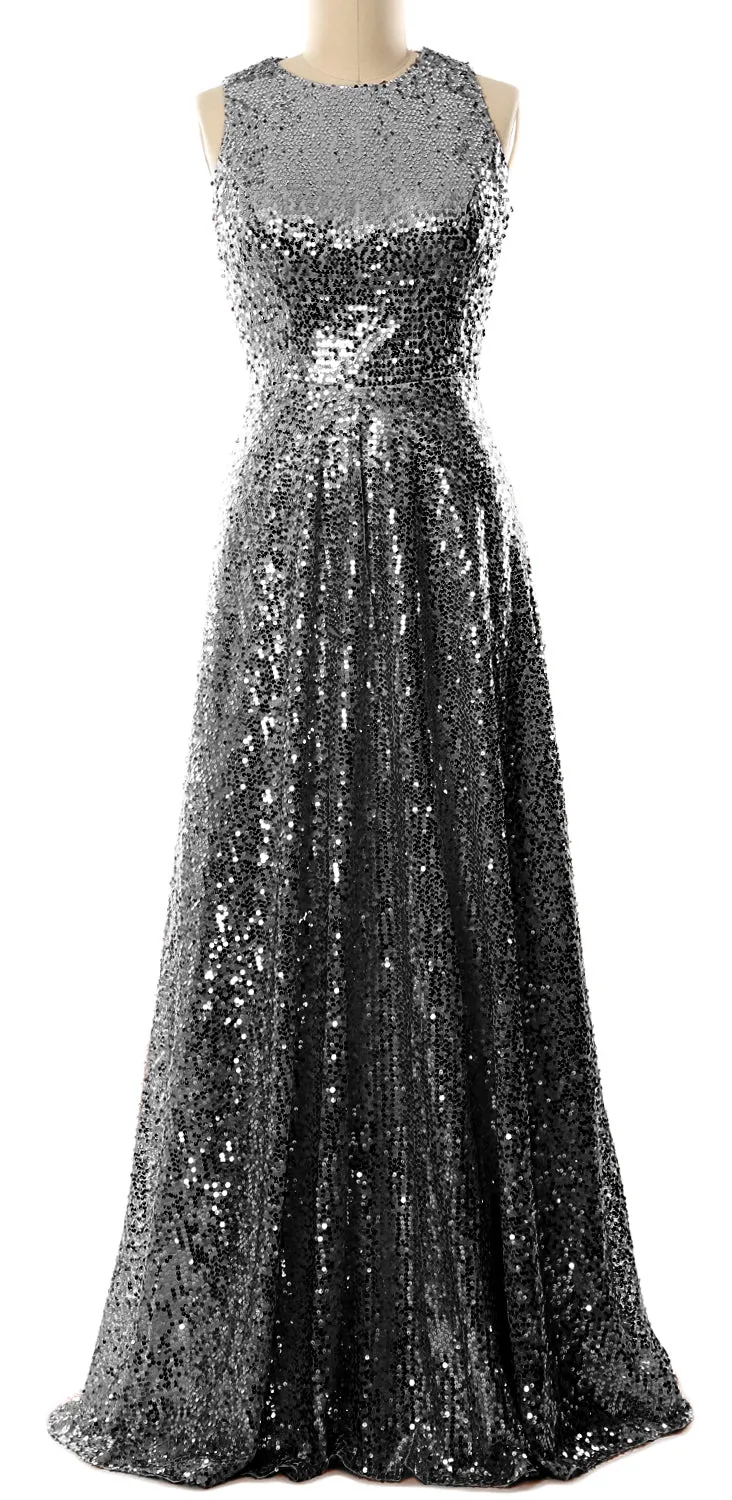 MACloth Elegant Sequin Long Bridesmaid Dress Simple Prom Gown Evening Gown