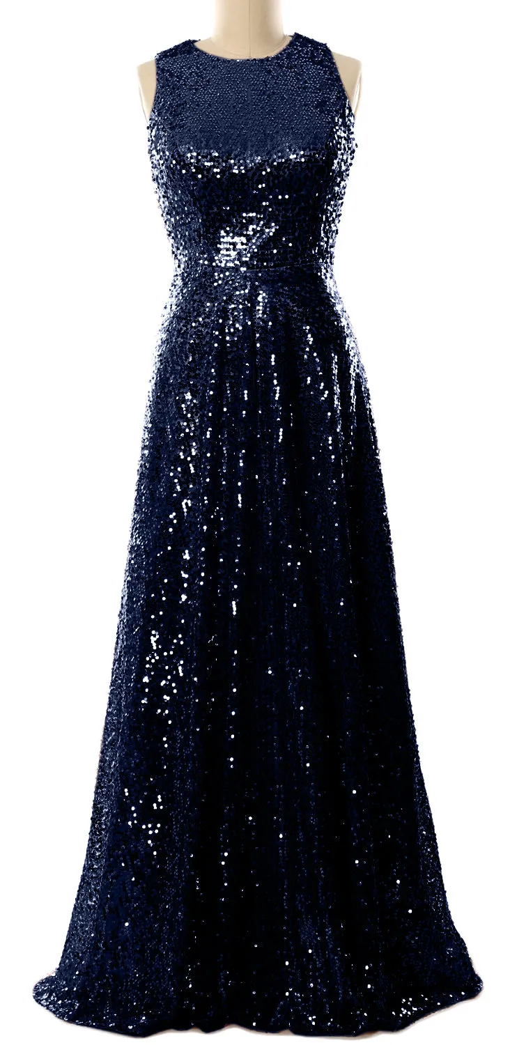 MACloth Elegant Sequin Long Bridesmaid Dress Simple Prom Gown Evening Gown