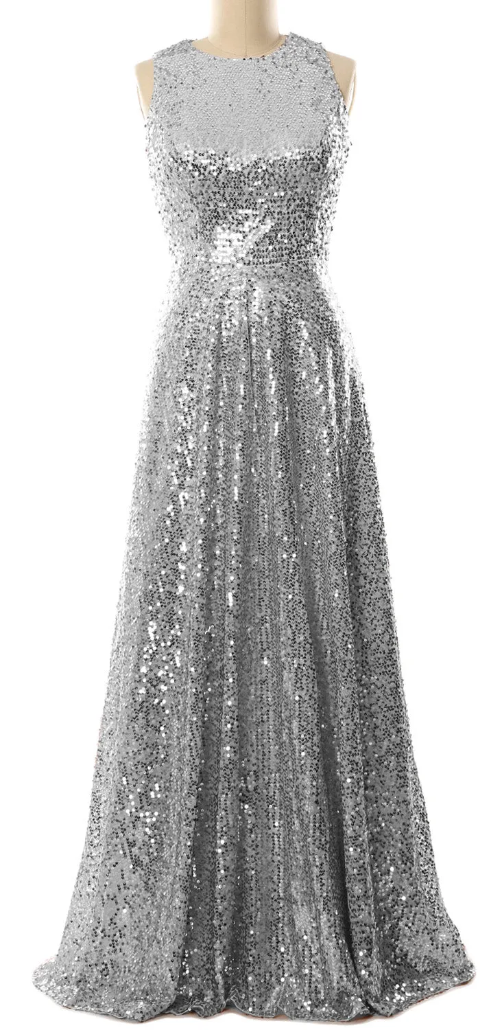MACloth Elegant Sequin Long Bridesmaid Dress Simple Prom Gown Evening Gown