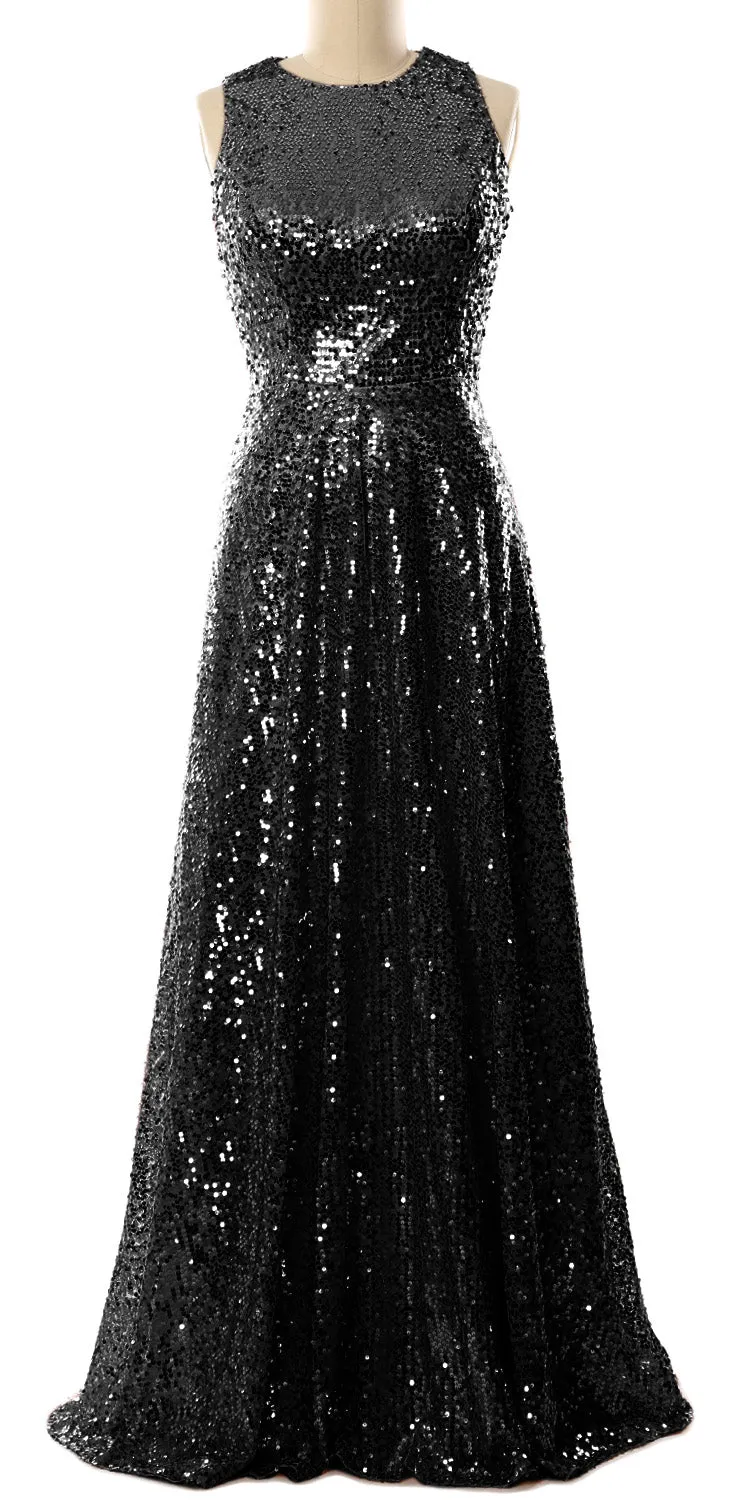 MACloth Elegant Sequin Long Bridesmaid Dress Simple Prom Gown Evening Gown