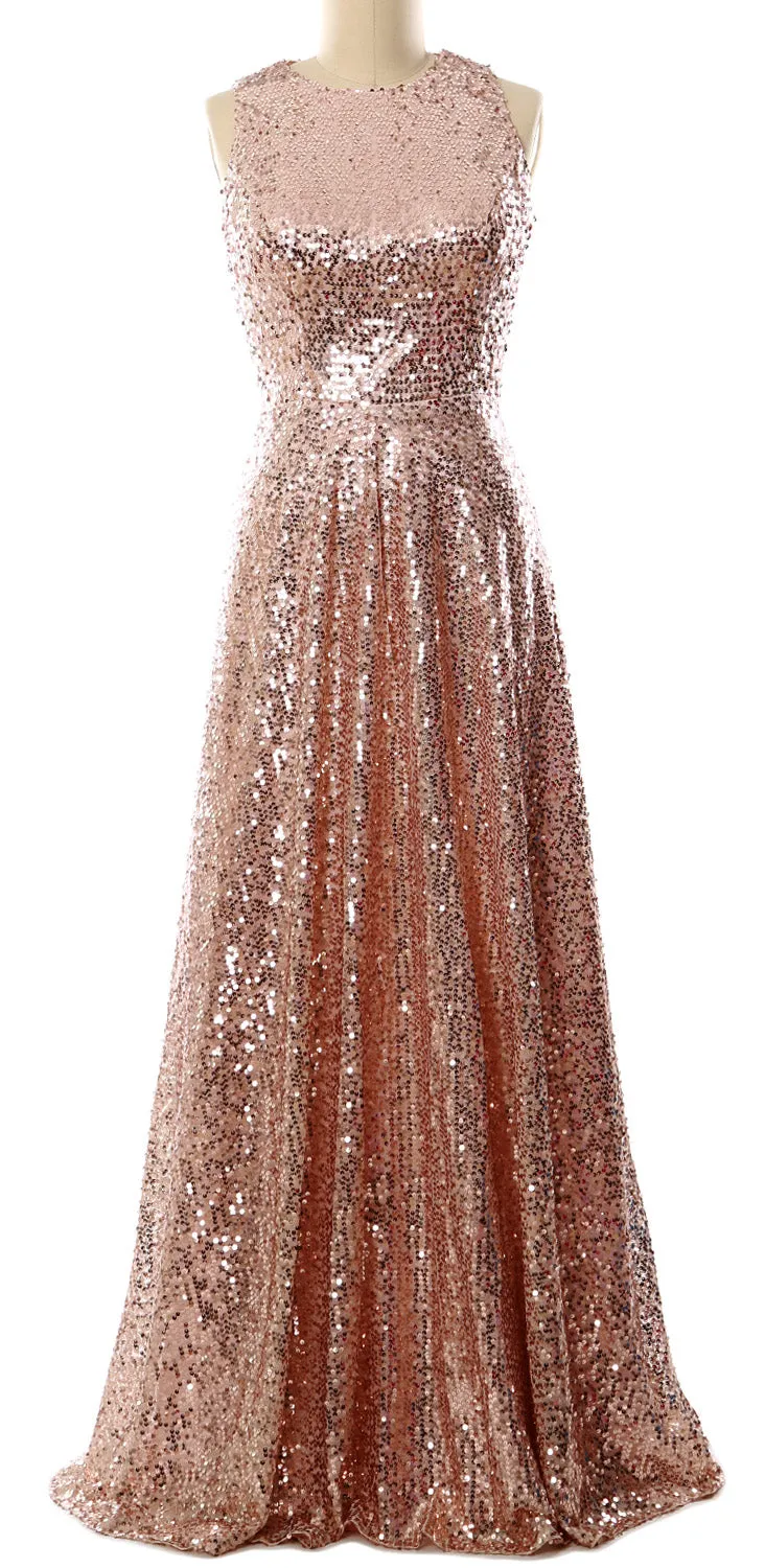 MACloth Elegant Sequin Long Bridesmaid Dress Simple Prom Gown Evening Gown