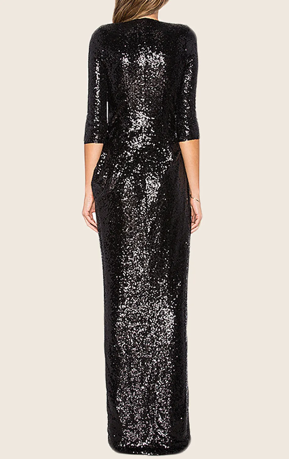 MACloth Half Sleeves Deep V Neck Sequin Evening Gown Black Formal Party Dress
