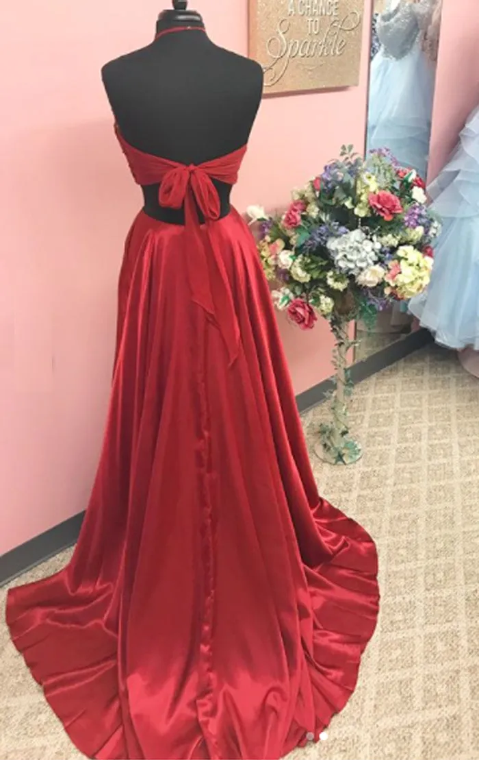 MACloth Halter 2 Piece Lace Chiffon Long Prom Dress Burgundy Formal Evening Gown