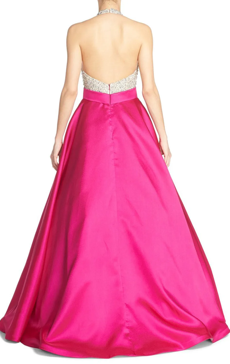MACloth Halter Beading Satin Long Prom Dress Fuchsia Ball Gown