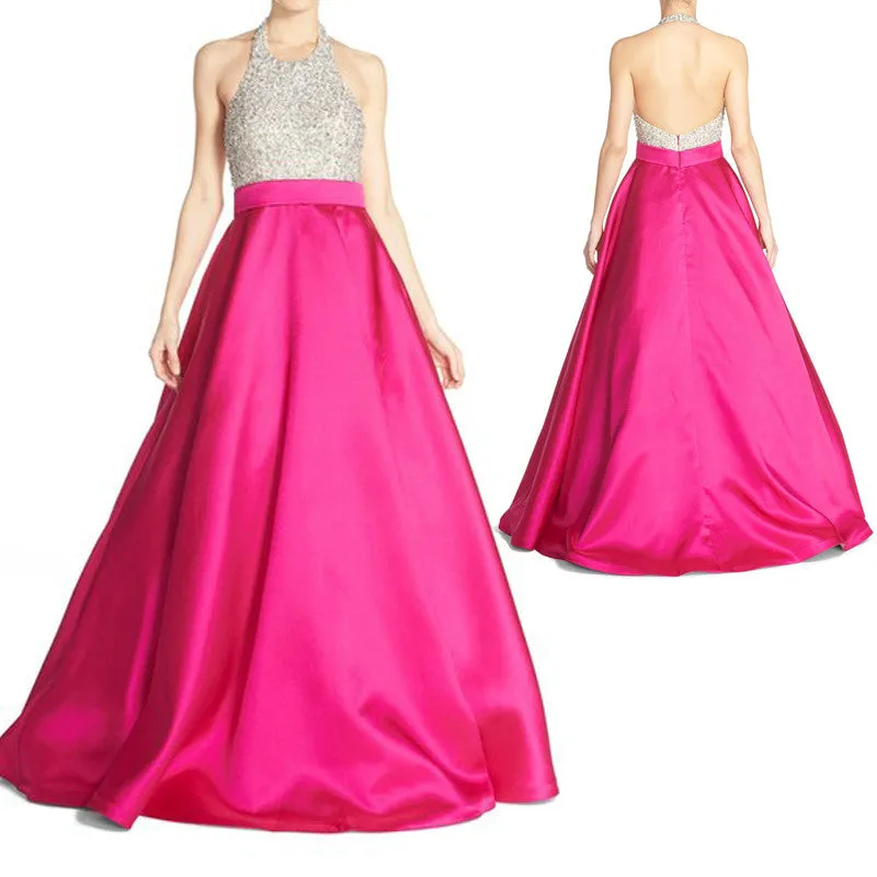 MACloth Halter Beading Satin Long Prom Dress Fuchsia Ball Gown