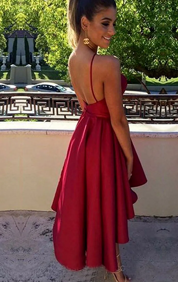 MACloth Halter High Low Satin Prom Homecoming Dress Burgundy Hi-Lo Formal Gown