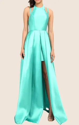 MACloth Halter High Low Taffeta Prom Dress Turquoise Formal Gown