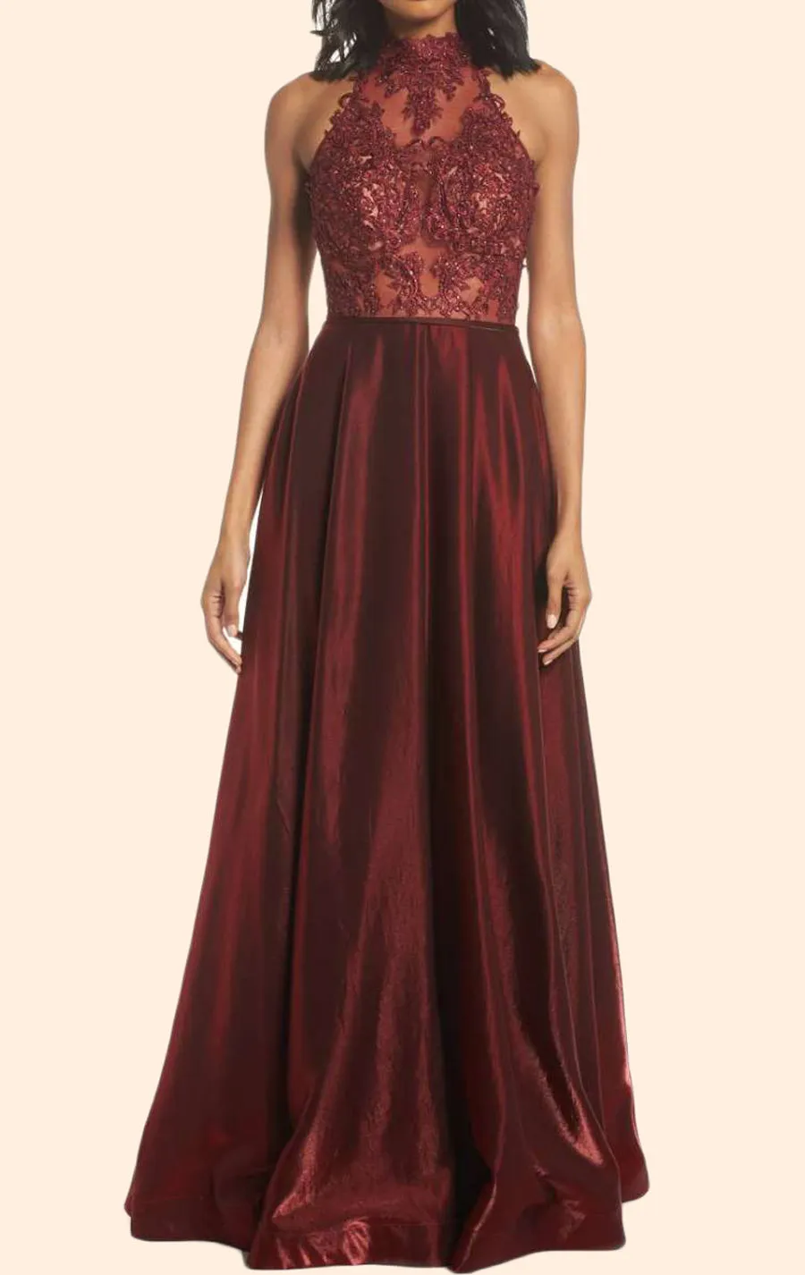 MACloth Halter High Neck Lace Long Prom Dress Burgundy Formal Evening Gown