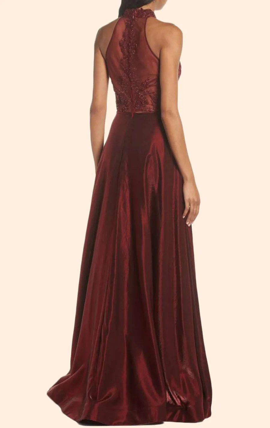 MACloth Halter High Neck Lace Long Prom Dress Burgundy Formal Evening Gown