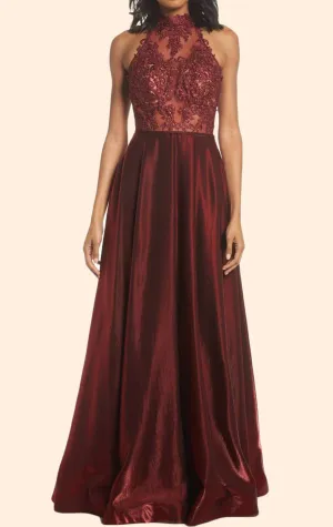 MACloth Halter High Neck Lace Long Prom Dress Burgundy Formal Evening Gown