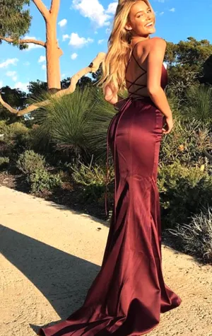 MACloth Halter Mermaid Satin Long Prom Dress Burgundy / Dark Green Formal Evening Gown