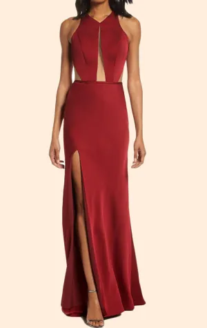 MACloth Halter O Neck Satin Long Prom Dress Burgundy Formal Evening Gown