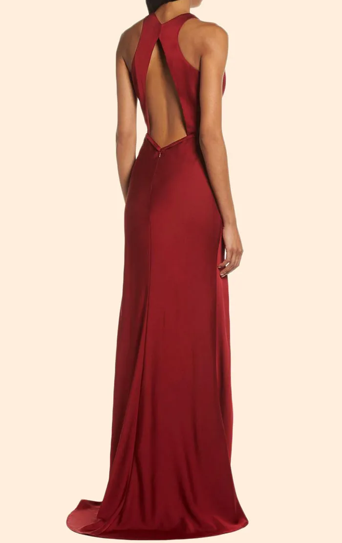 MACloth Halter O Neck Satin Long Prom Dress Burgundy Formal Evening Gown