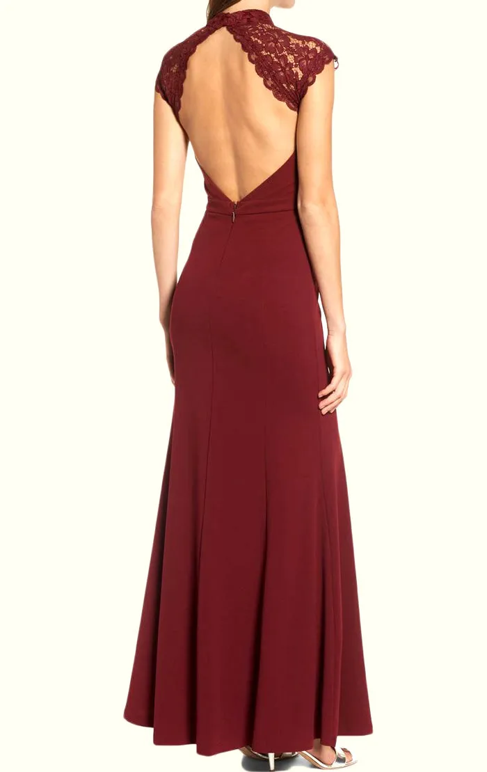 MACloth High Neck Lace Jersey Burgundy Long Prom Dress Simple Formal Evening Gown