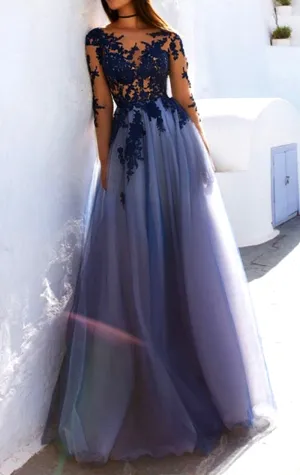 MACloth Illusion Long Sleeves Lace Tulle Prom Dress Navy Formal Evening Gown