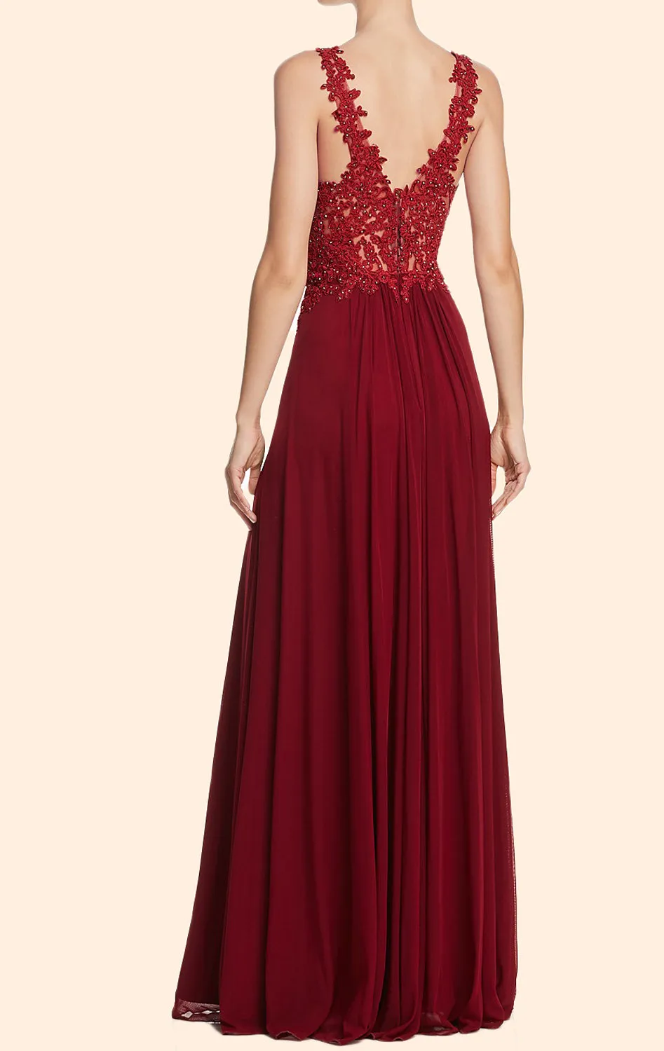 MACloth Lace Straps Deep V Neck Long Prom Dress Burgundy Formal Evening Gown 10810