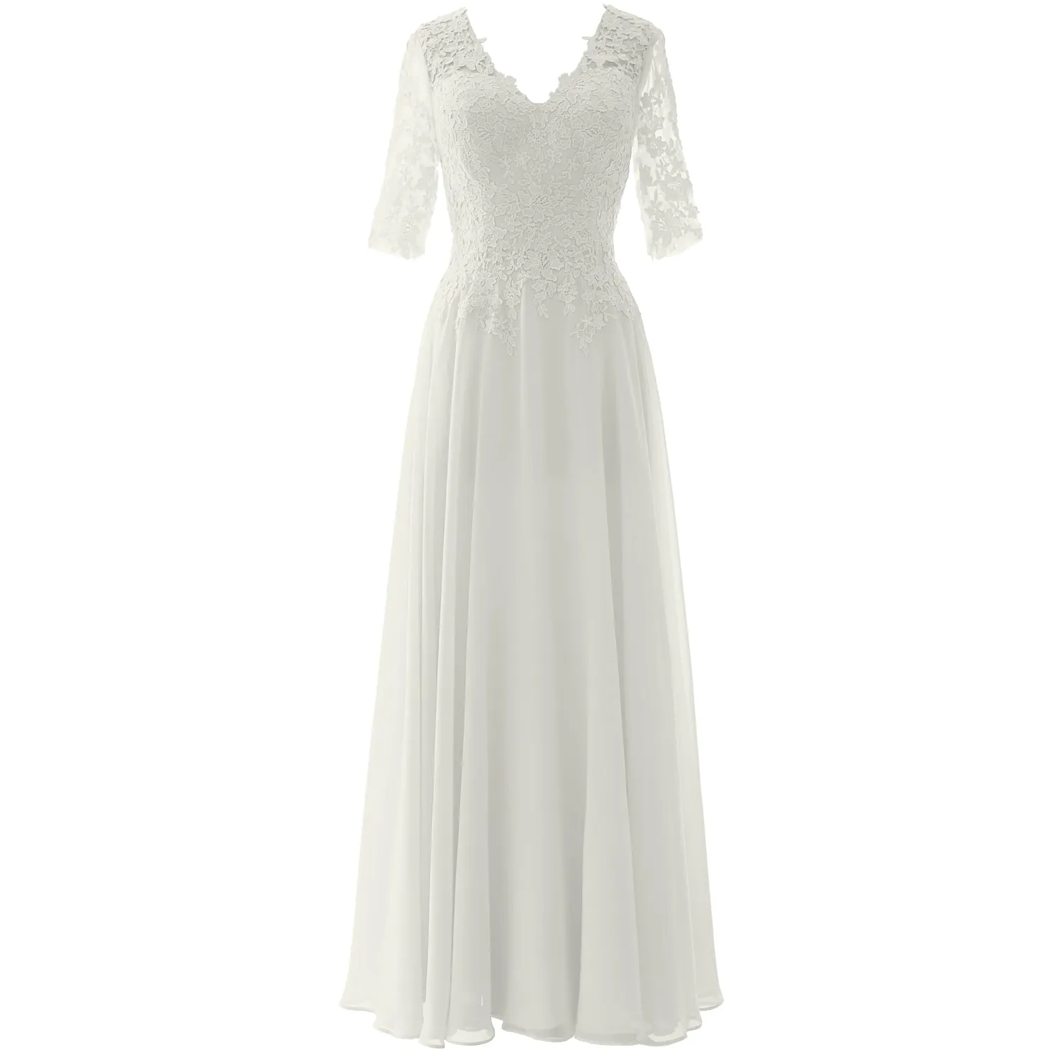 MACloth Long Maxi Mother Bride Dresses Short Sleeve Lace V Neck Evening Gown