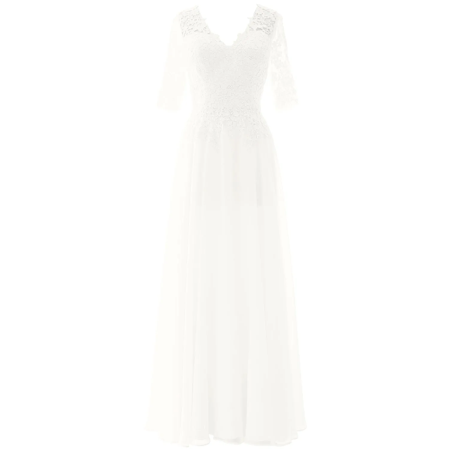 MACloth Long Maxi Mother Bride Dresses Short Sleeve Lace V Neck Evening Gown