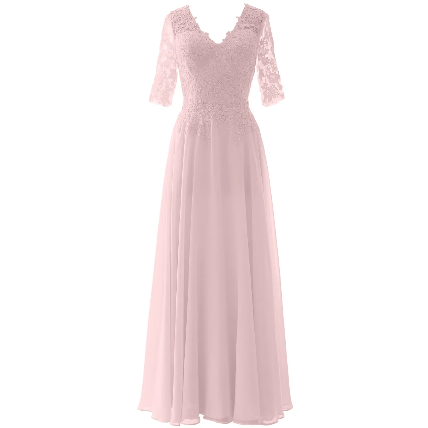 MACloth Long Maxi Mother Bride Dresses Short Sleeve Lace V Neck Evening Gown
