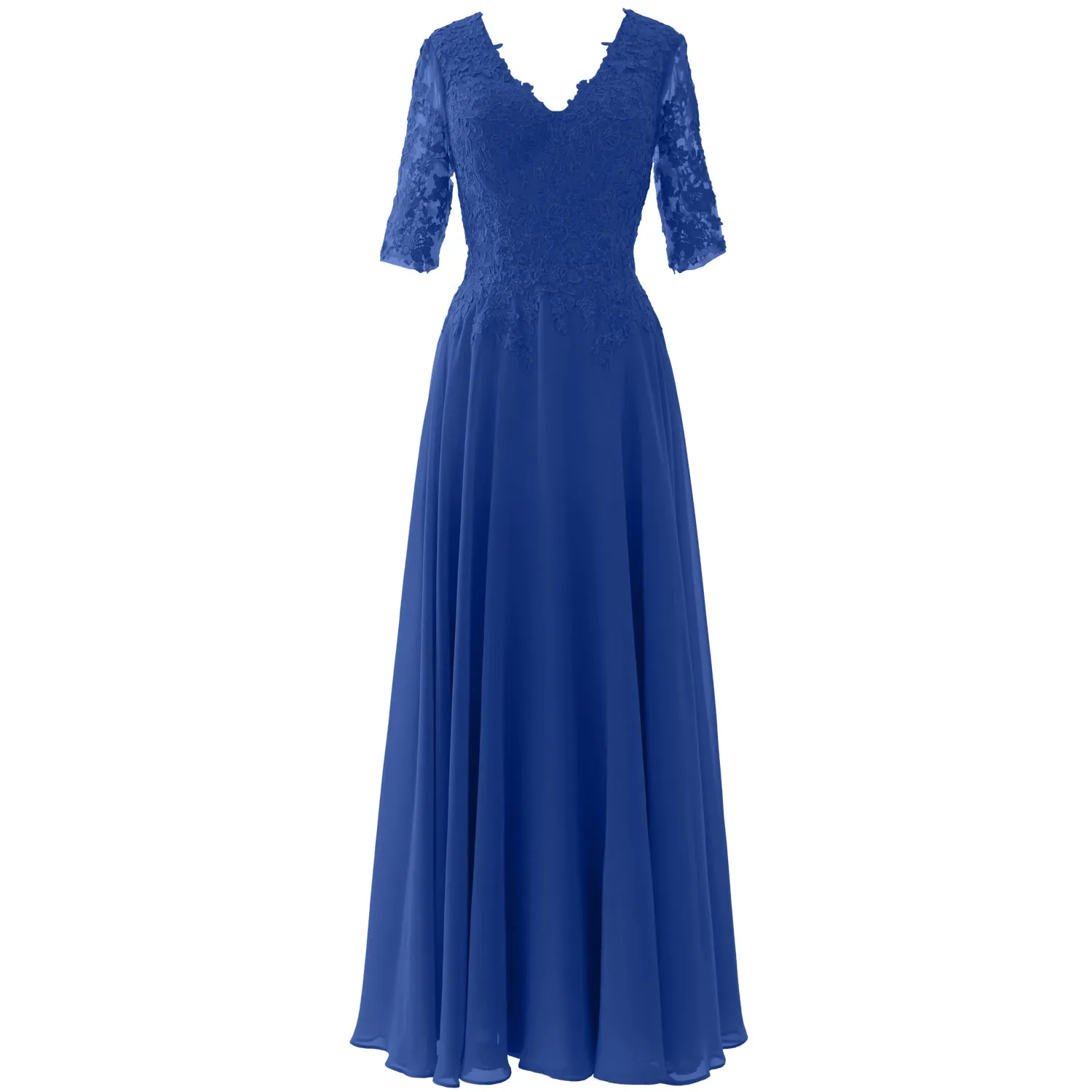 MACloth Long Maxi Mother Bride Dresses Short Sleeve Lace V Neck Evening Gown