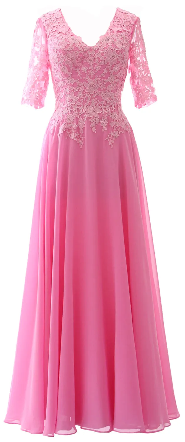 MACloth Long Maxi Mother Bride Dresses Short Sleeve Lace V Neck Evening Gown