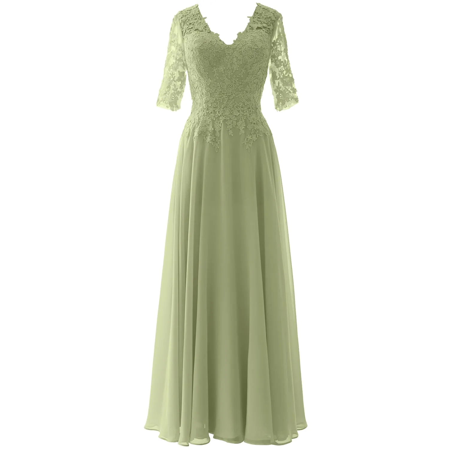MACloth Long Maxi Mother Bride Dresses Short Sleeve Lace V Neck Evening Gown