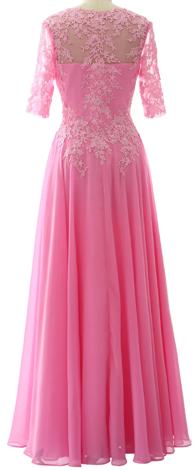 MACloth Long Maxi Mother Bride Dresses Short Sleeve Lace V Neck Evening Gown