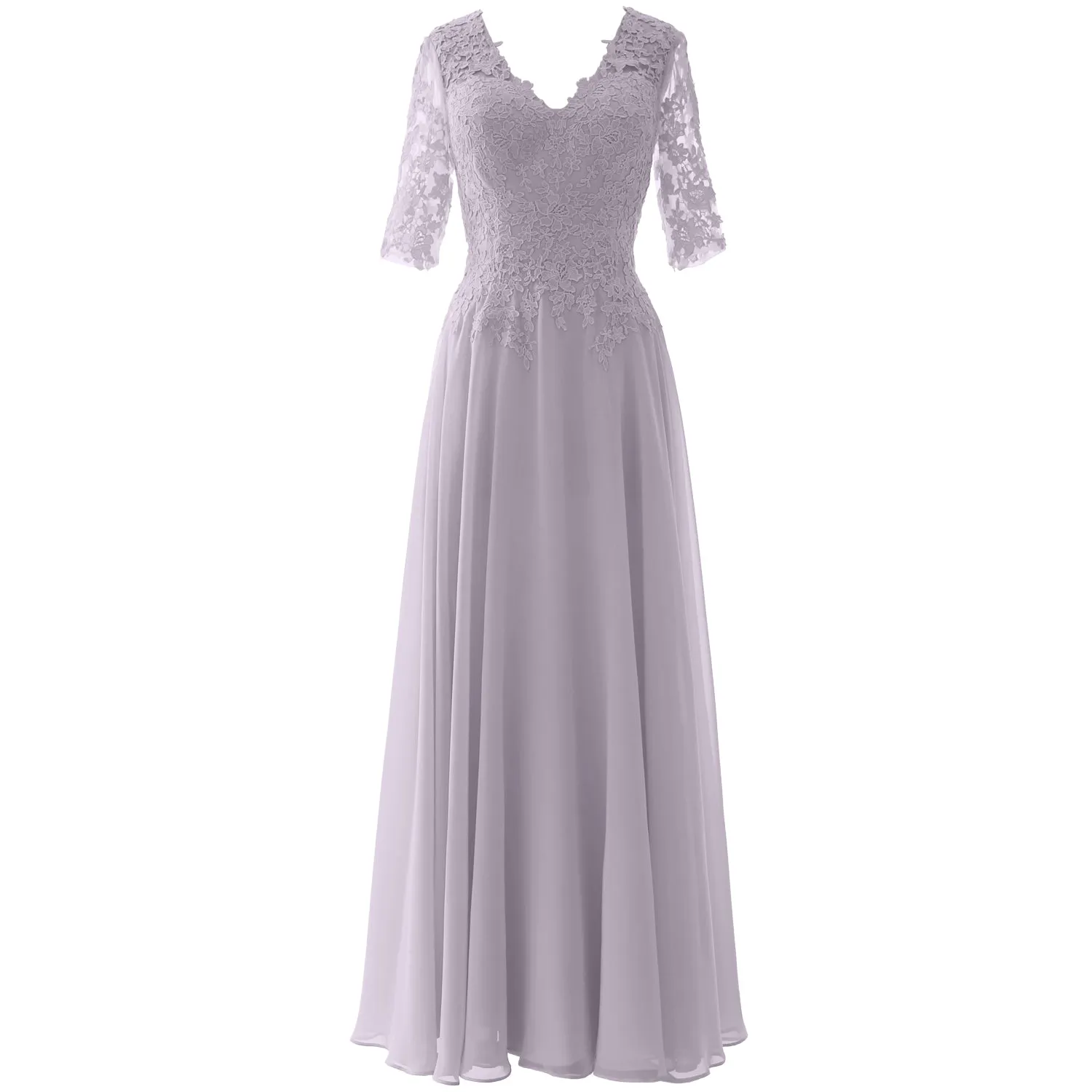 MACloth Long Maxi Mother Bride Dresses Short Sleeve Lace V Neck Evening Gown