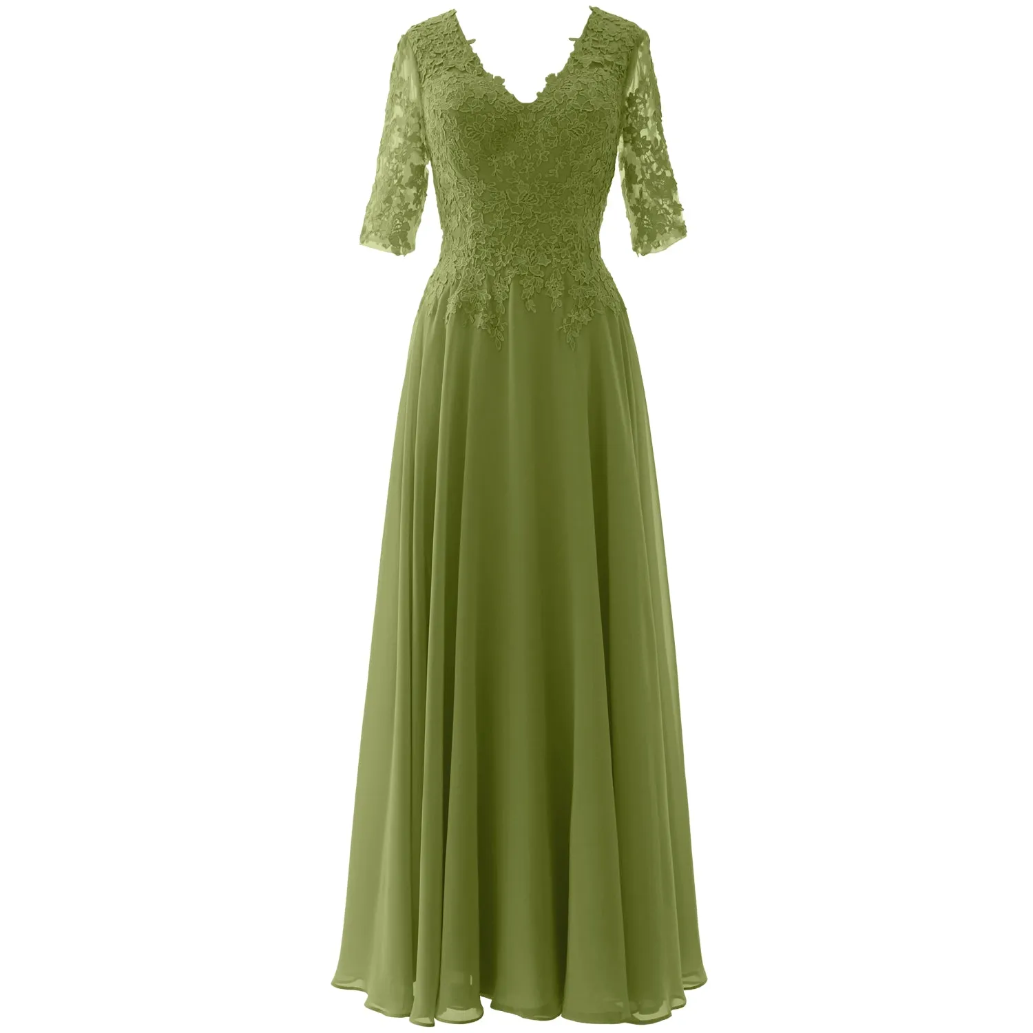 MACloth Long Maxi Mother Bride Dresses Short Sleeve Lace V Neck Evening Gown