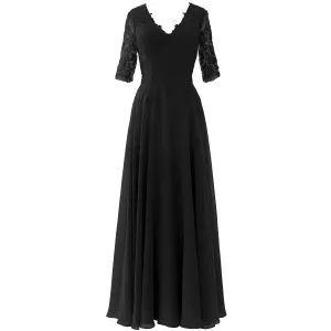 MACloth Long Maxi Mother Bride Dresses Short Sleeve Lace V Neck Evening Gown