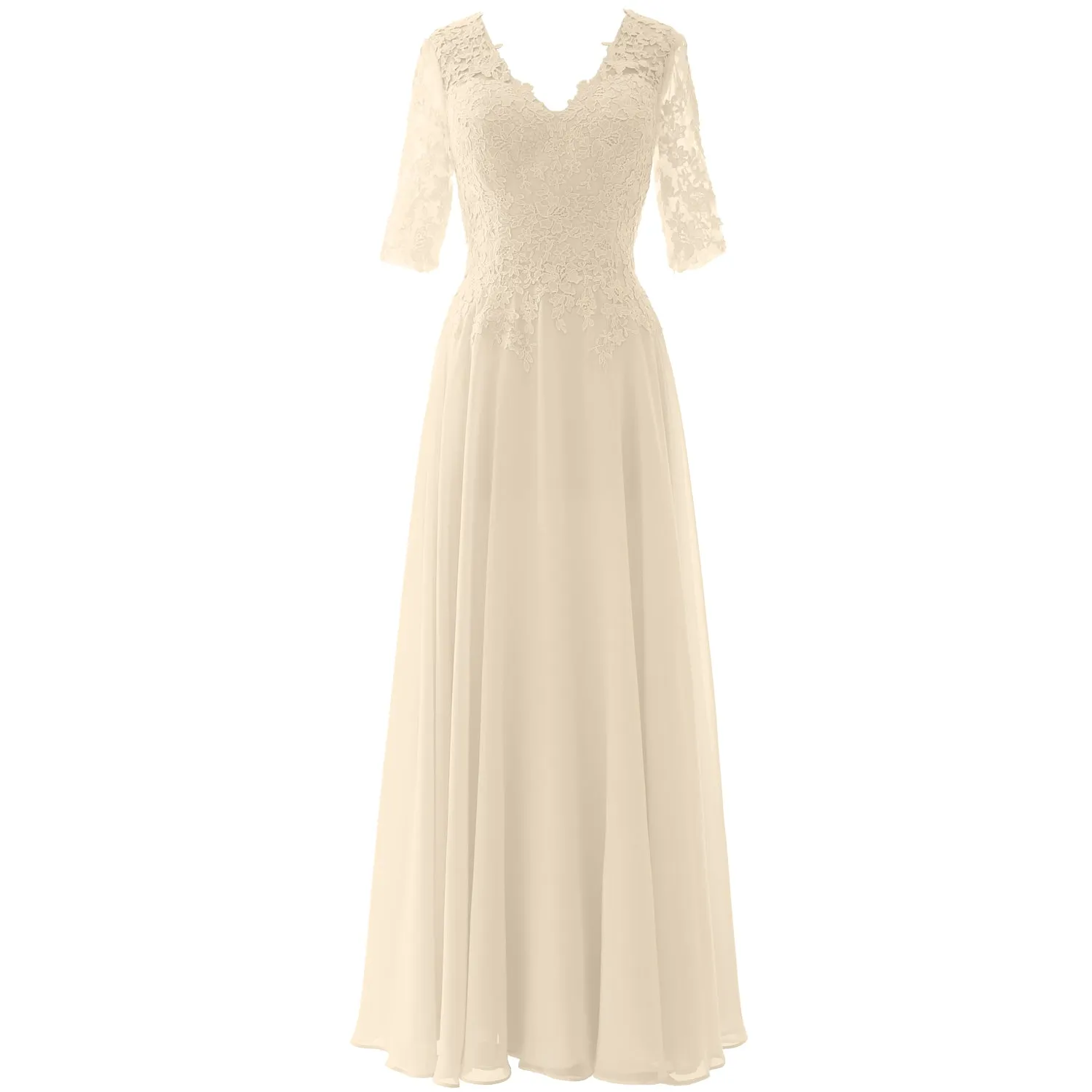 MACloth Long Maxi Mother Bride Dresses Short Sleeve Lace V Neck Evening Gown