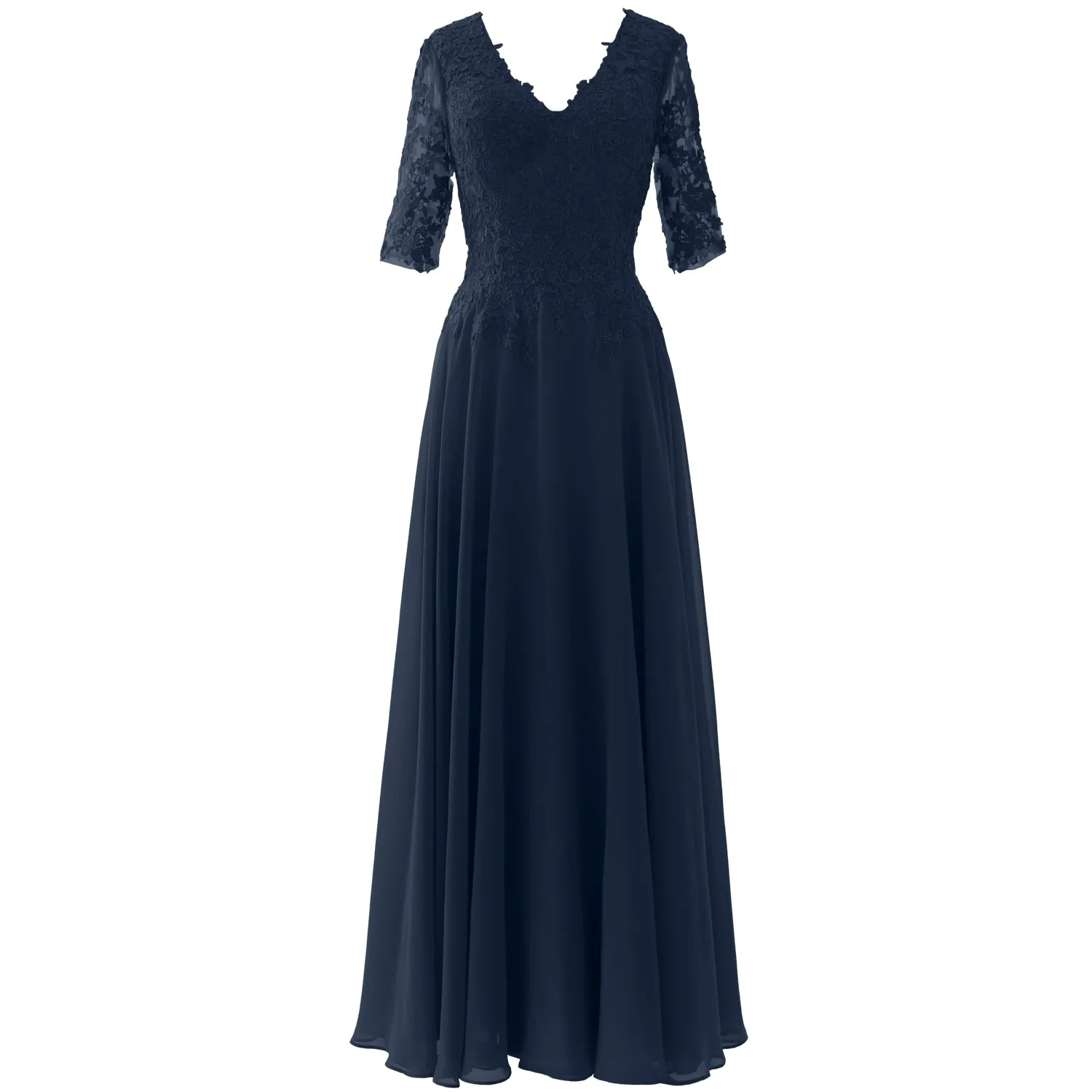 MACloth Long Maxi Mother Bride Dresses Short Sleeve Lace V Neck Evening Gown