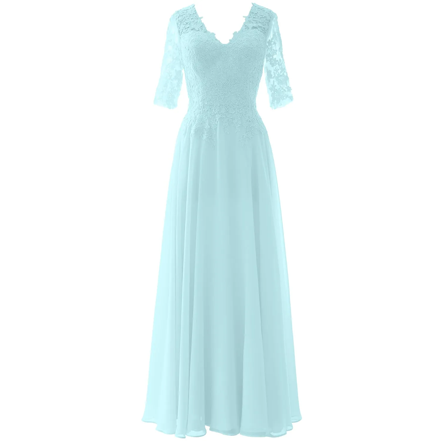 MACloth Long Maxi Mother Bride Dresses Short Sleeve Lace V Neck Evening Gown