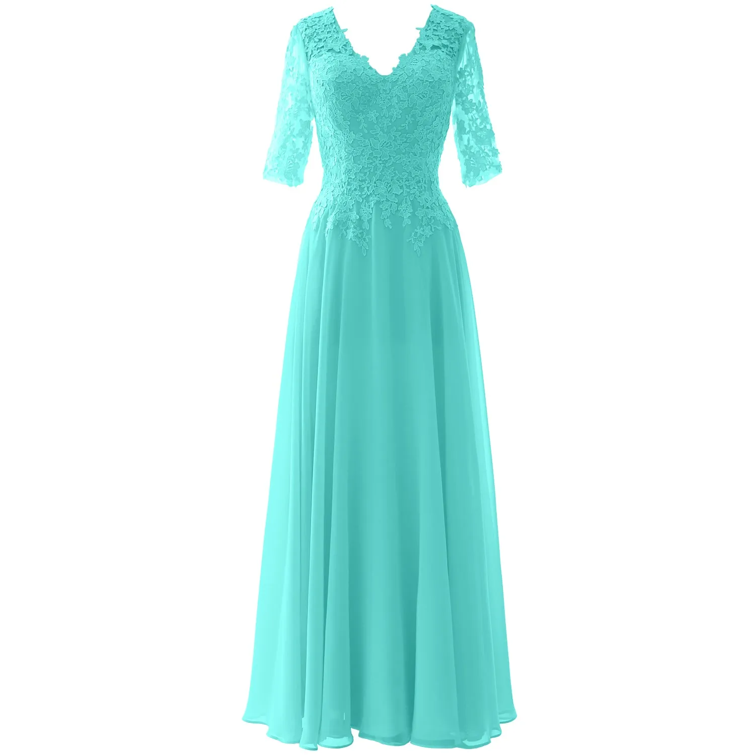 MACloth Long Maxi Mother Bride Dresses Short Sleeve Lace V Neck Evening Gown