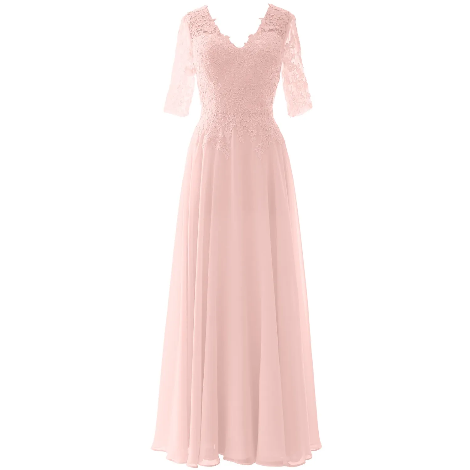 MACloth Long Maxi Mother Bride Dresses Short Sleeve Lace V Neck Evening Gown