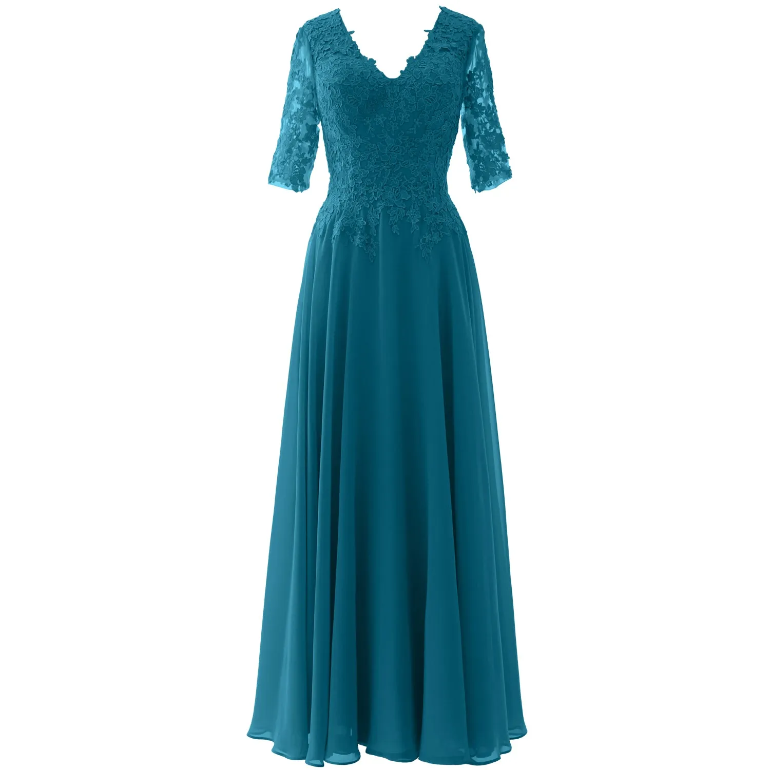 MACloth Long Maxi Mother Bride Dresses Short Sleeve Lace V Neck Evening Gown