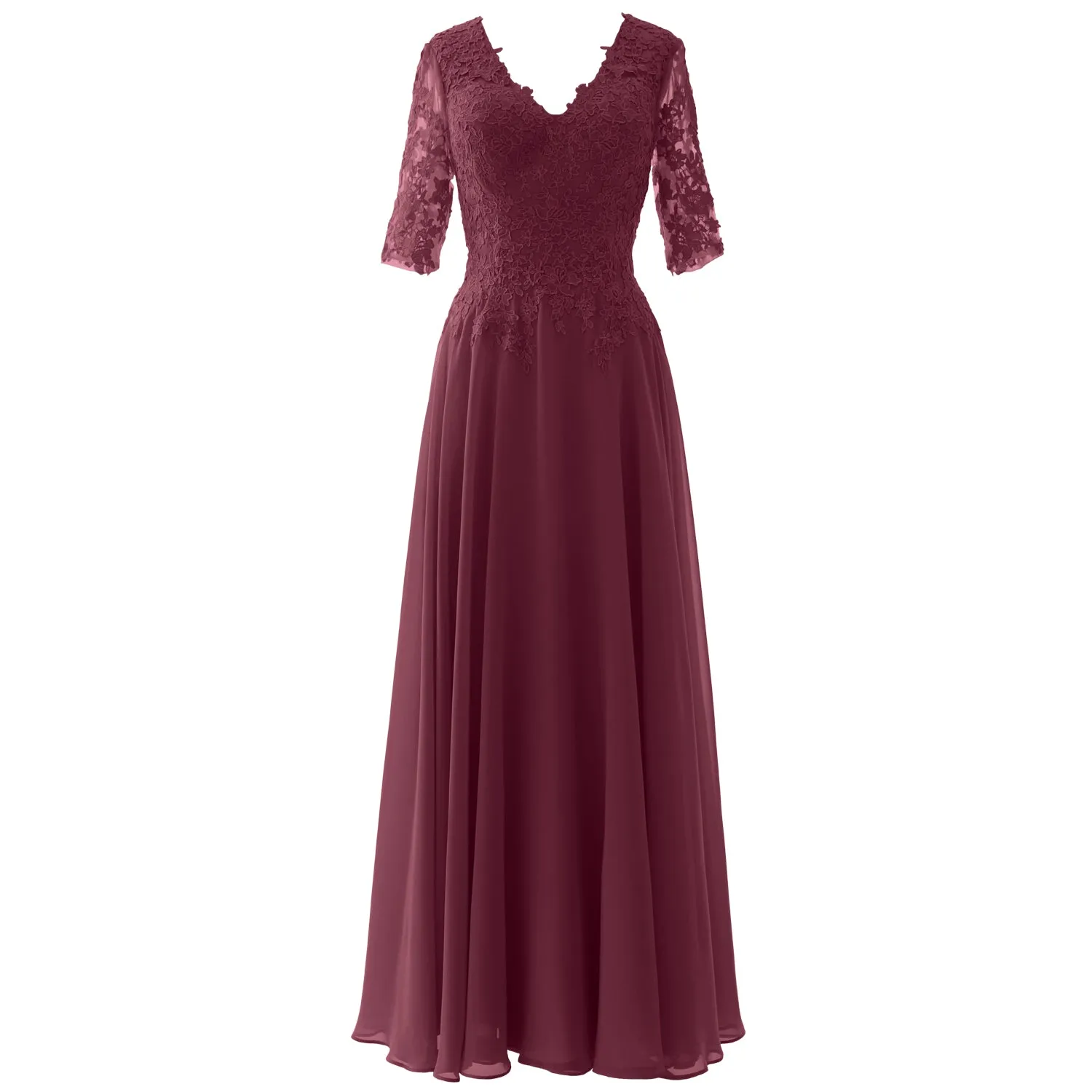 MACloth Long Maxi Mother Bride Dresses Short Sleeve Lace V Neck Evening Gown