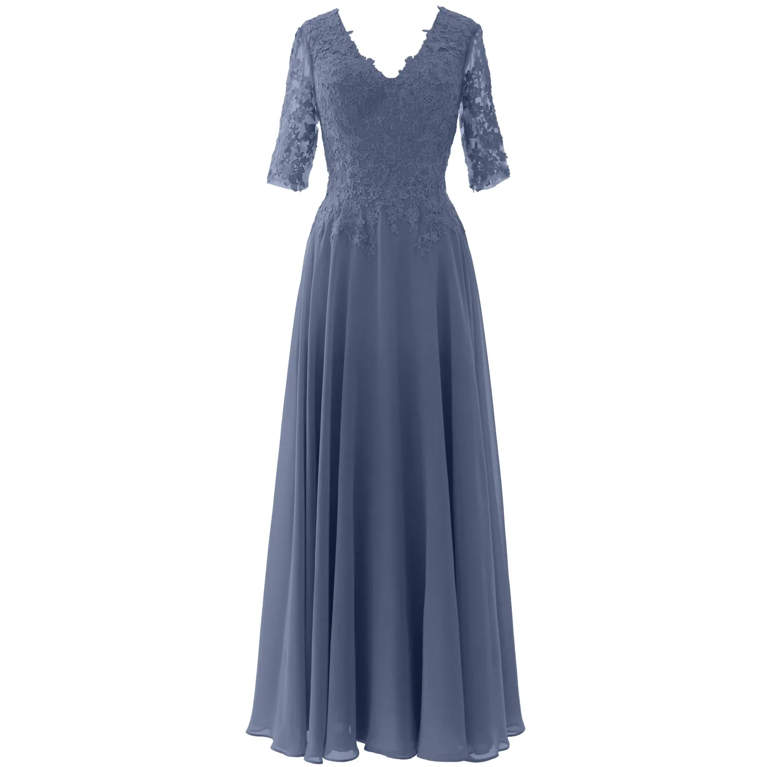 MACloth Long Maxi Mother Bride Dresses Short Sleeve Lace V Neck Evening Gown