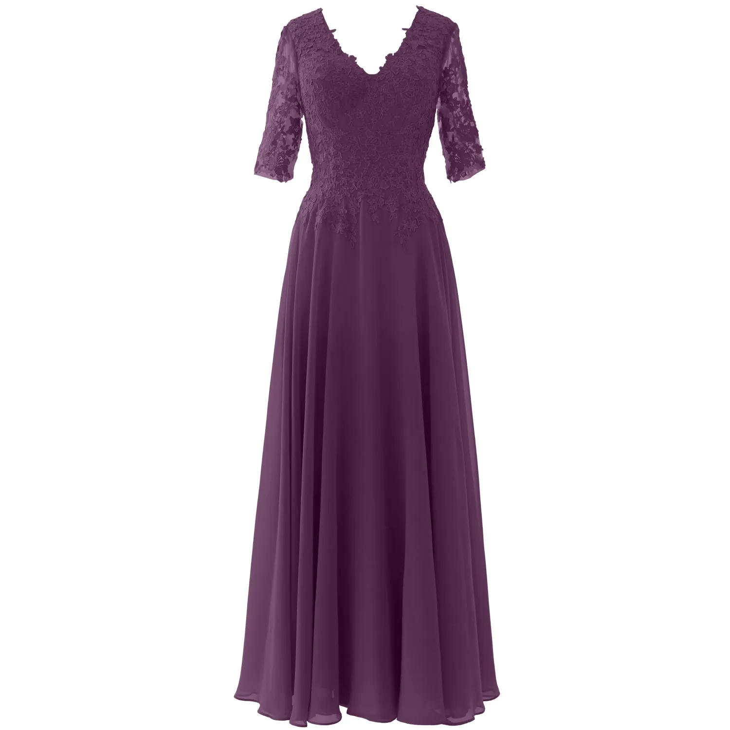 MACloth Long Maxi Mother Bride Dresses Short Sleeve Lace V Neck Evening Gown