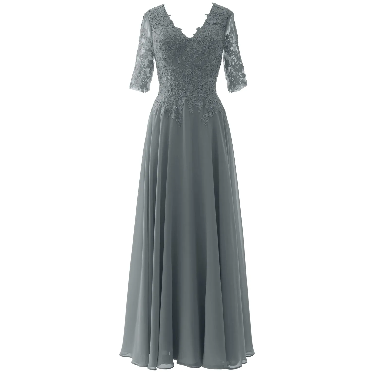 MACloth Long Maxi Mother Bride Dresses Short Sleeve Lace V Neck Evening Gown