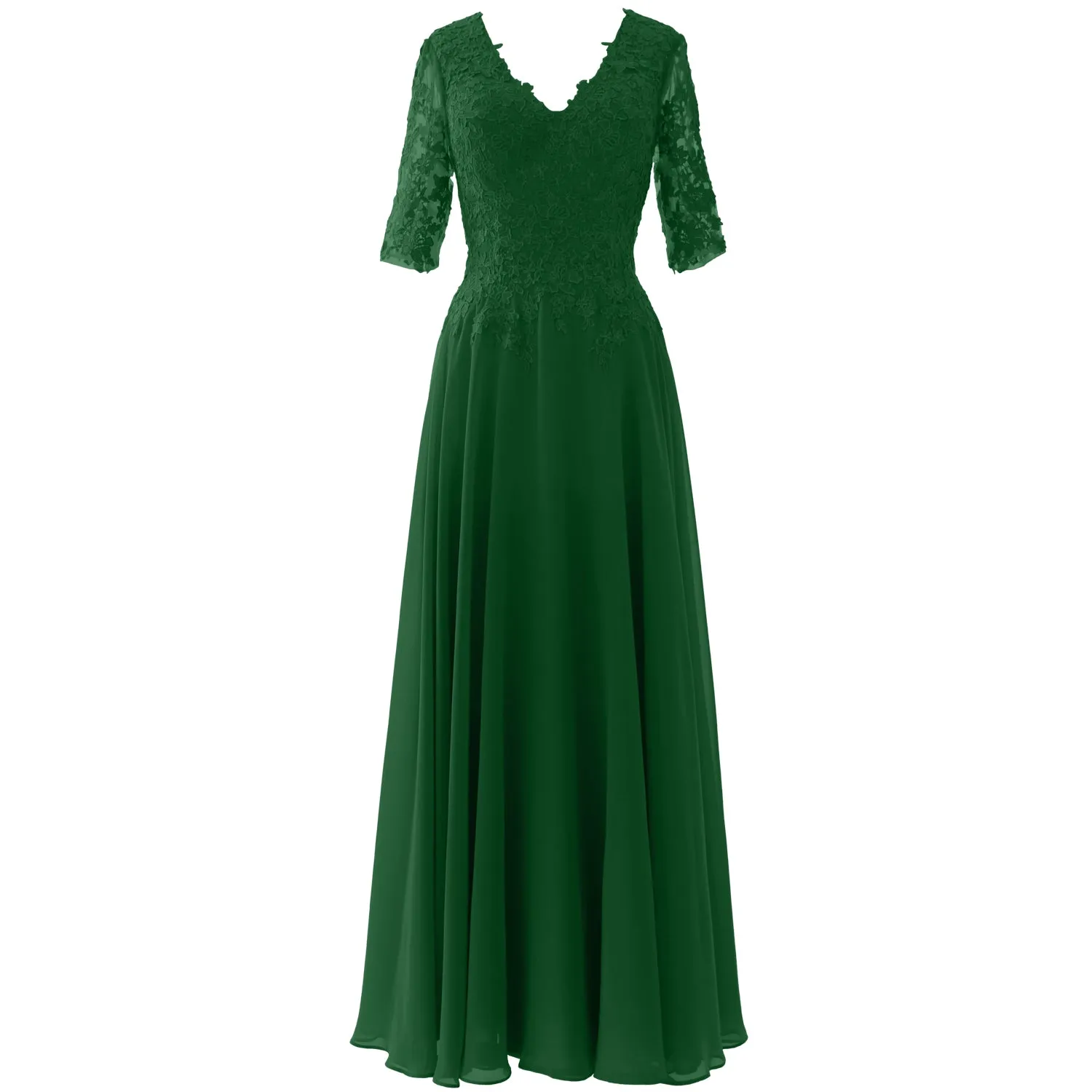 MACloth Long Maxi Mother Bride Dresses Short Sleeve Lace V Neck Evening Gown
