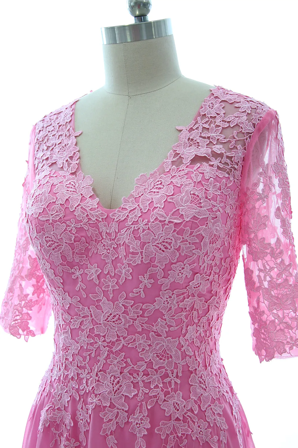 MACloth Long Maxi Mother Bride Dresses Short Sleeve Lace V Neck Evening Gown