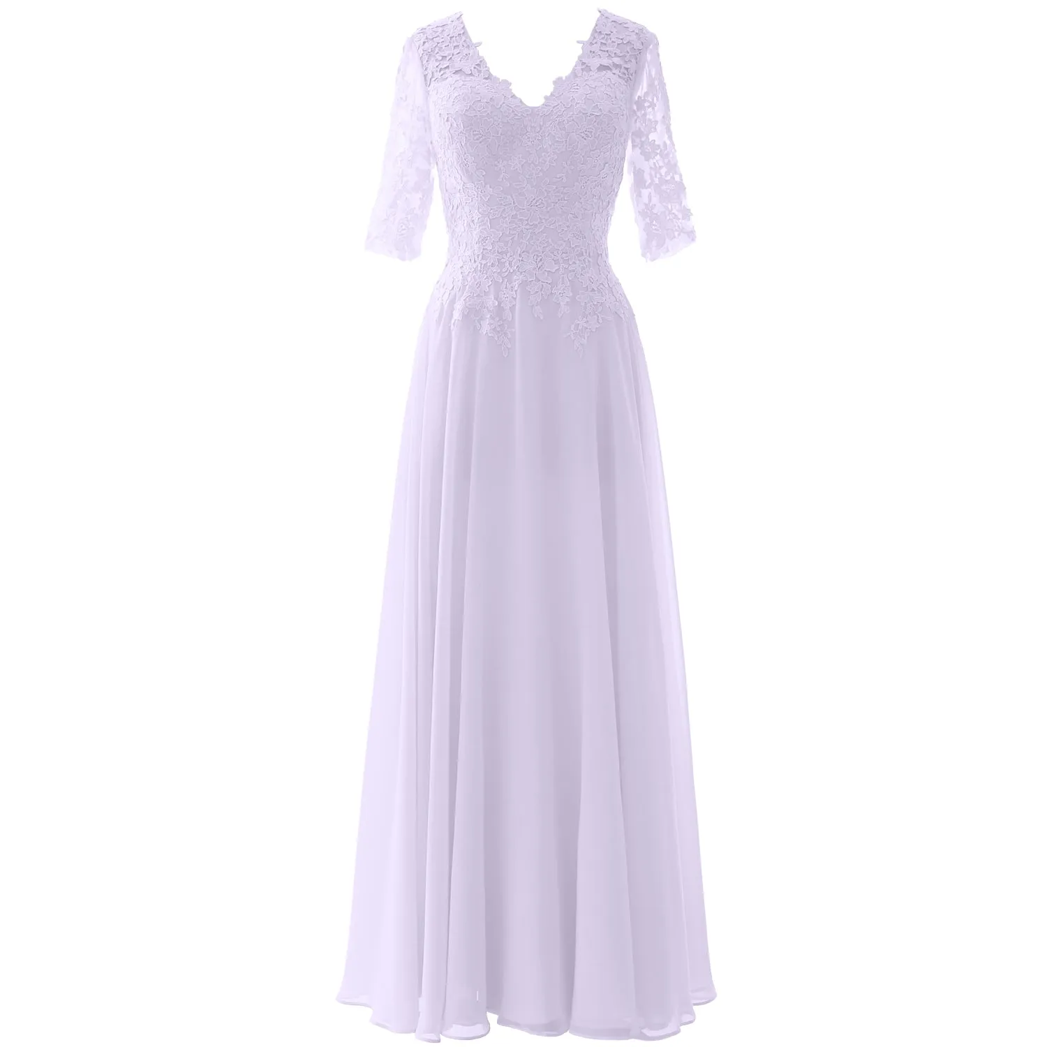 MACloth Long Maxi Mother Bride Dresses Short Sleeve Lace V Neck Evening Gown