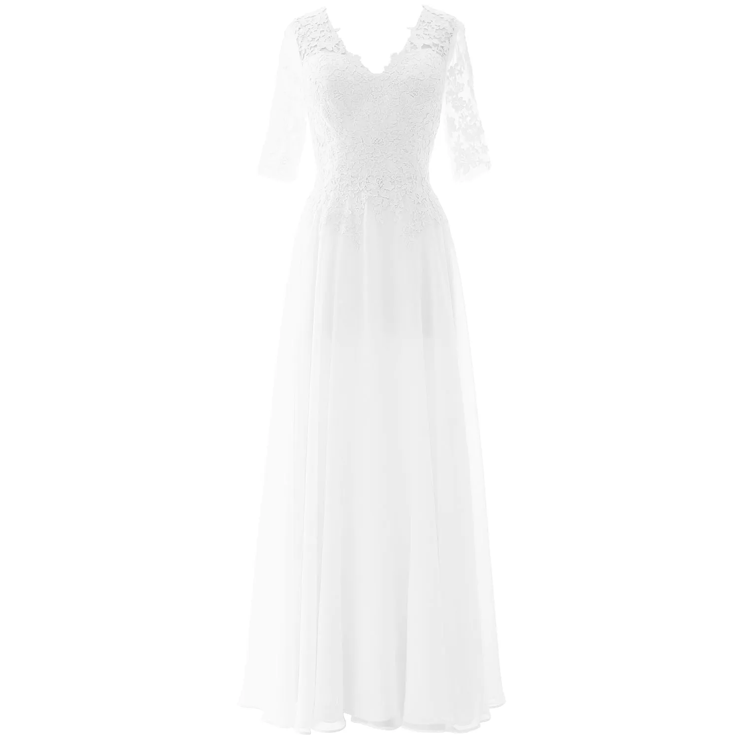 MACloth Long Maxi Mother Bride Dresses Short Sleeve Lace V Neck Evening Gown