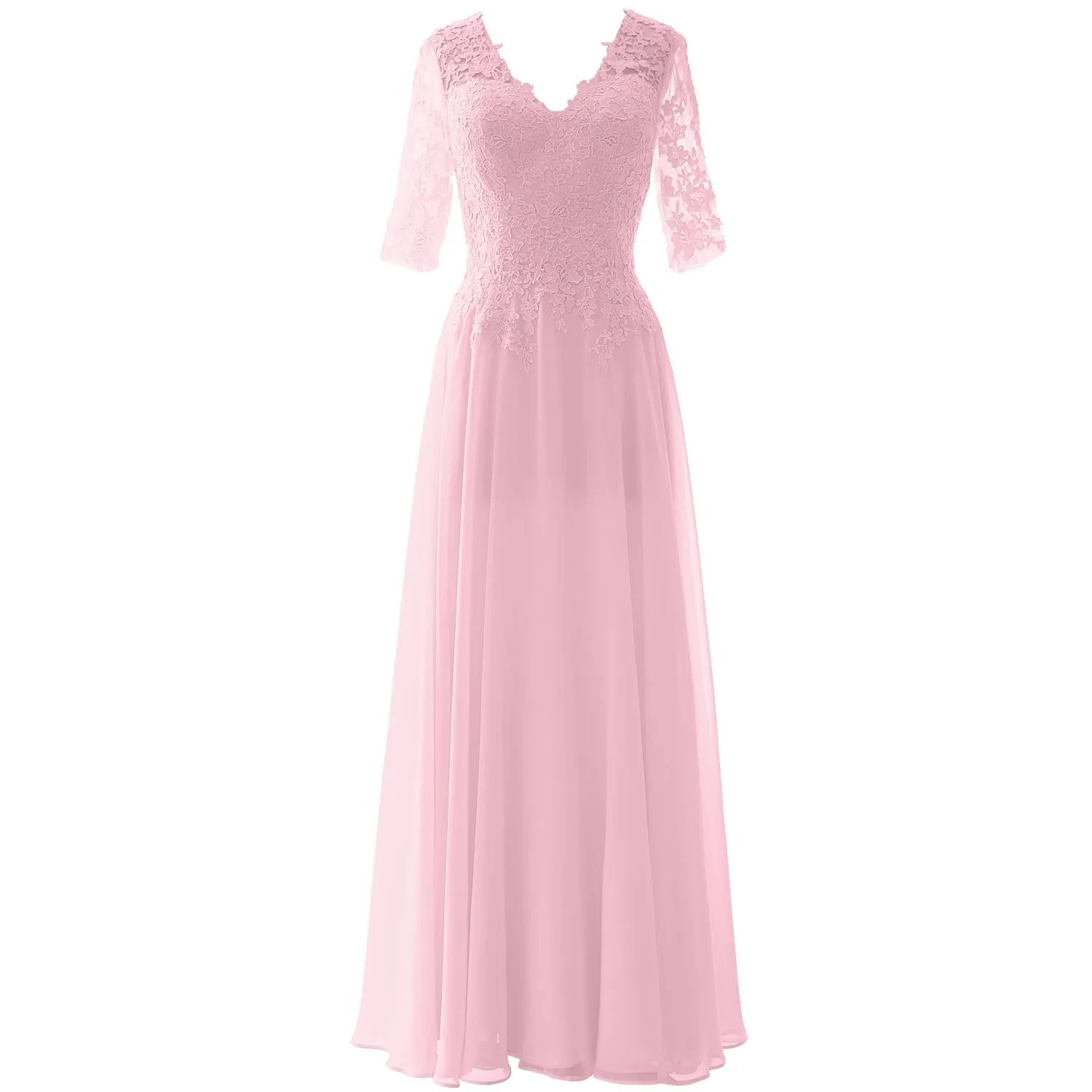 MACloth Long Maxi Mother Bride Dresses Short Sleeve Lace V Neck Evening Gown