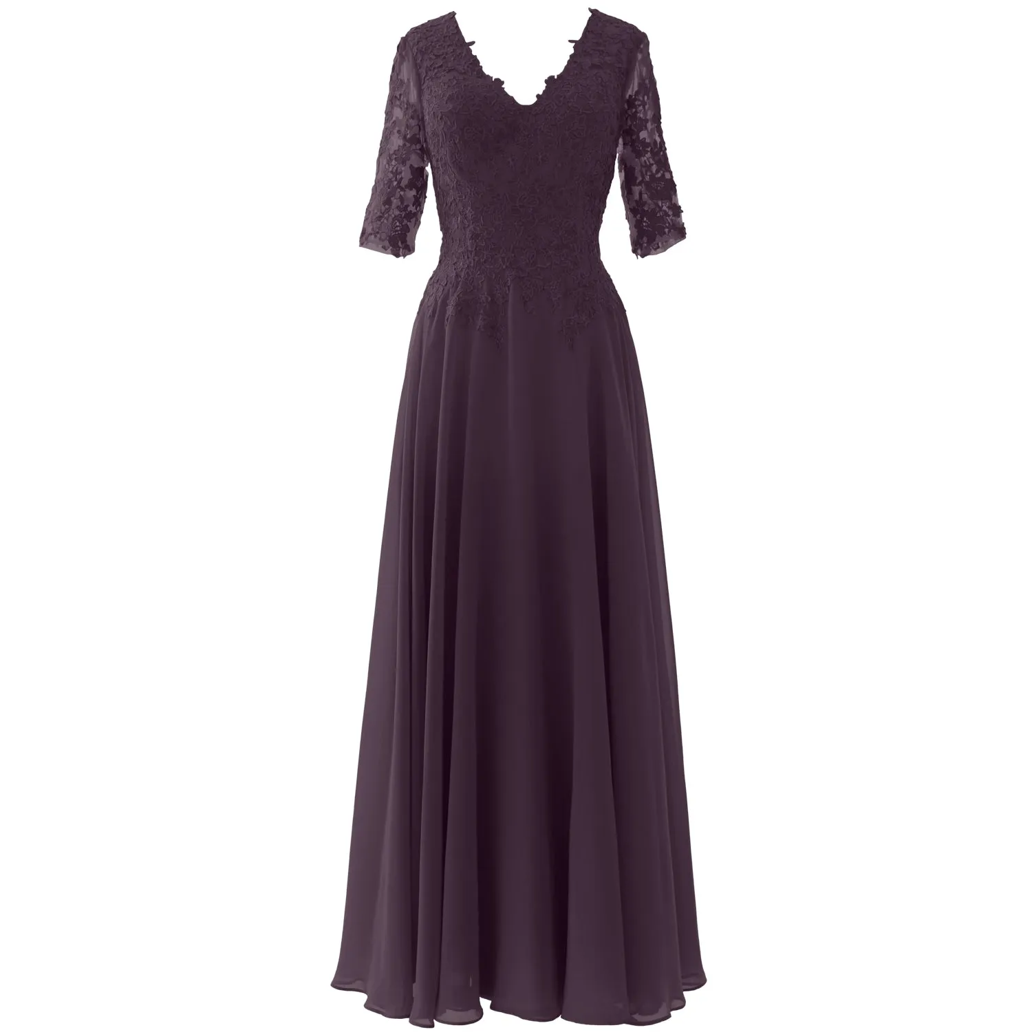MACloth Long Maxi Mother Bride Dresses Short Sleeve Lace V Neck Evening Gown
